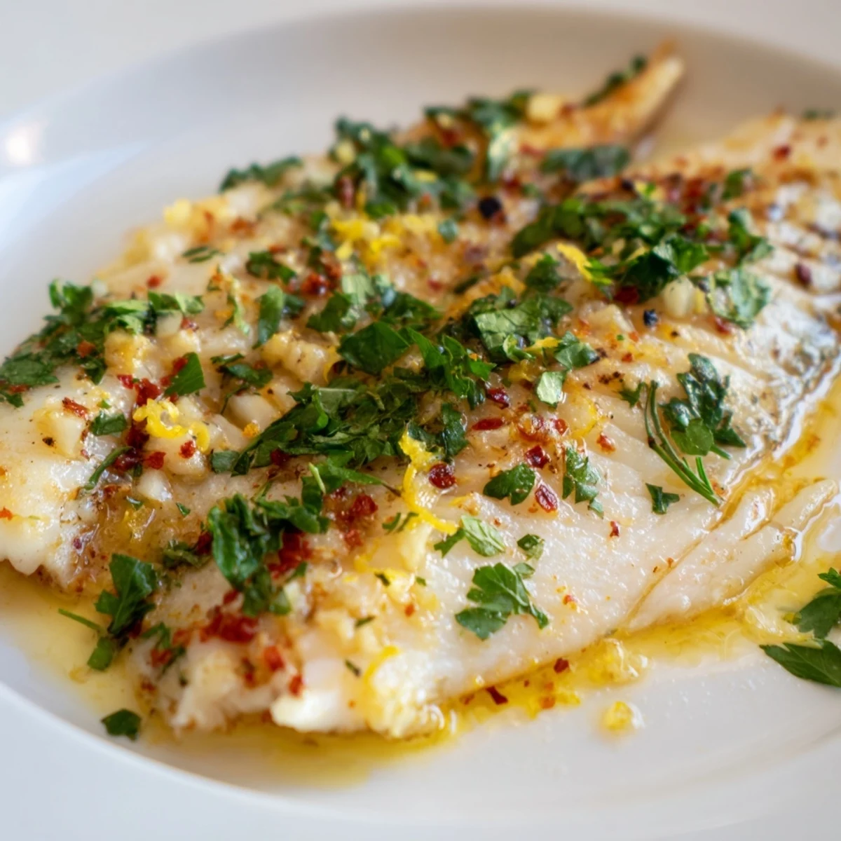 Goldbraune Tilapia mit Zitronen-Knoblauch-Butter aus dem Ofen, garniert mit glasierter Butter-Sauce und Petersilie.