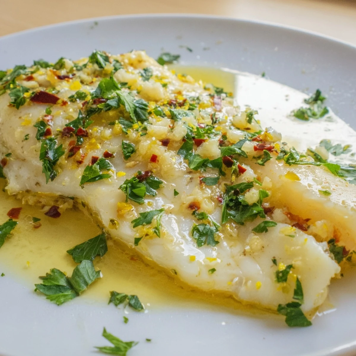 Eine gebackene Tilapia mit Zitronen-Knoblauch-Butter liegt neben einer Gabel und frischen Zitronenscheiben.