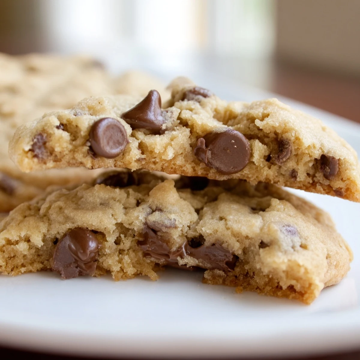 Klassische Chocolate Chip Cookies mit Schokostückchen und Glas Milch zum Eintauchen.