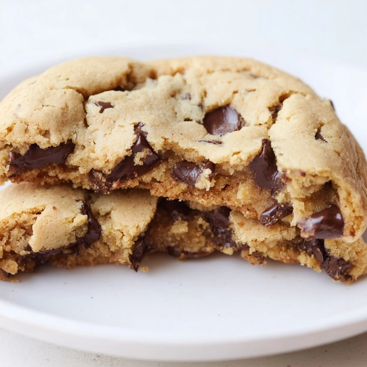 Gebackene Chocolate Chip Cookies mit zentralem Schmelz, warm serviert mit kalter Milch.