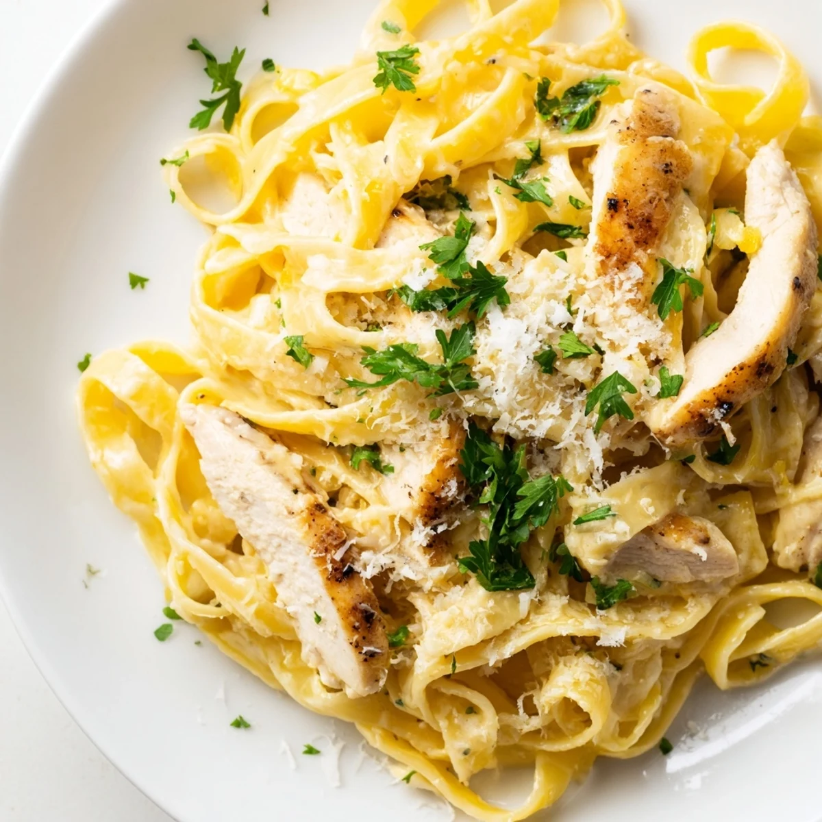 Goldene Hähnchenstreifen und Al dente Fettuccine in cremiger Alfredo-Soße, garniert mit Petersilie und frischem Parmesan.