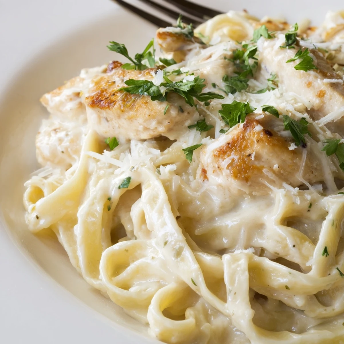Creamy Alfredo Pasta with Chicken auf einem Teller, serviert mit Pinot Grigio für ein würziges italienisches Abendessen.
