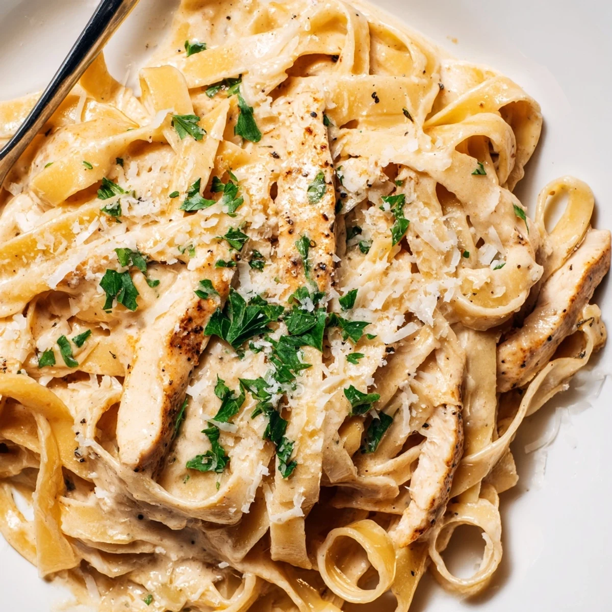 Zarter Hähnchenbruststreifen in reichhaltiger Parmesan-Sahne-Soße mit Nudeln, perfekt für ein tröstliches Wochendinner.