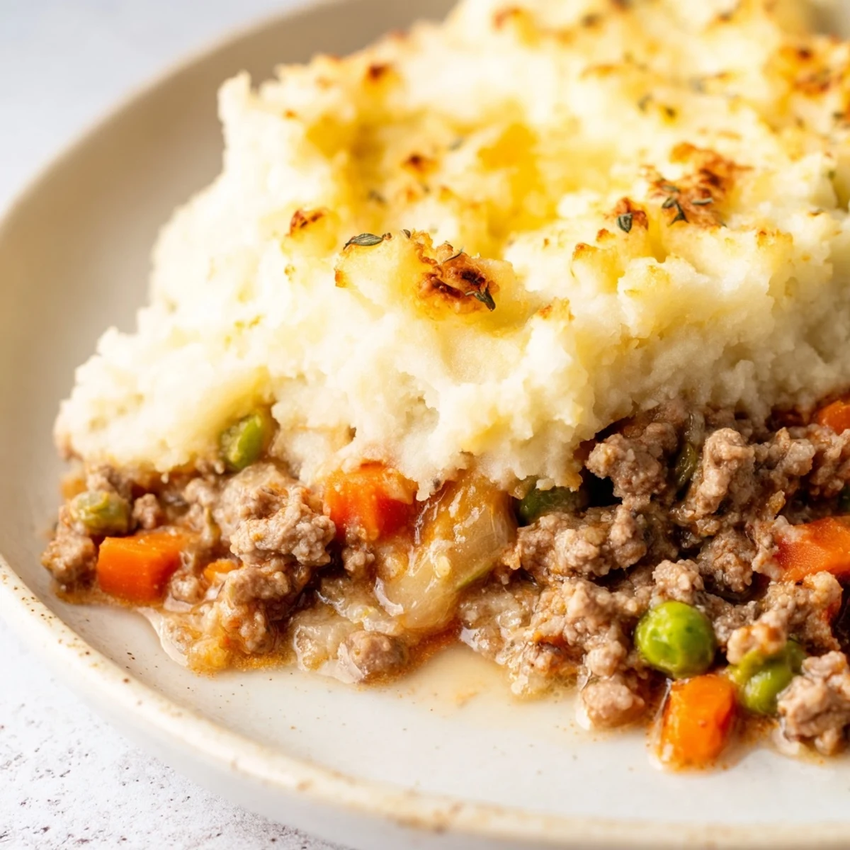 Savory Beef Shepherds Pie with Cauliflower Mash plated with a fork, steaming with ground beef, peas, and creamy low-carb mash for a comforting meal.