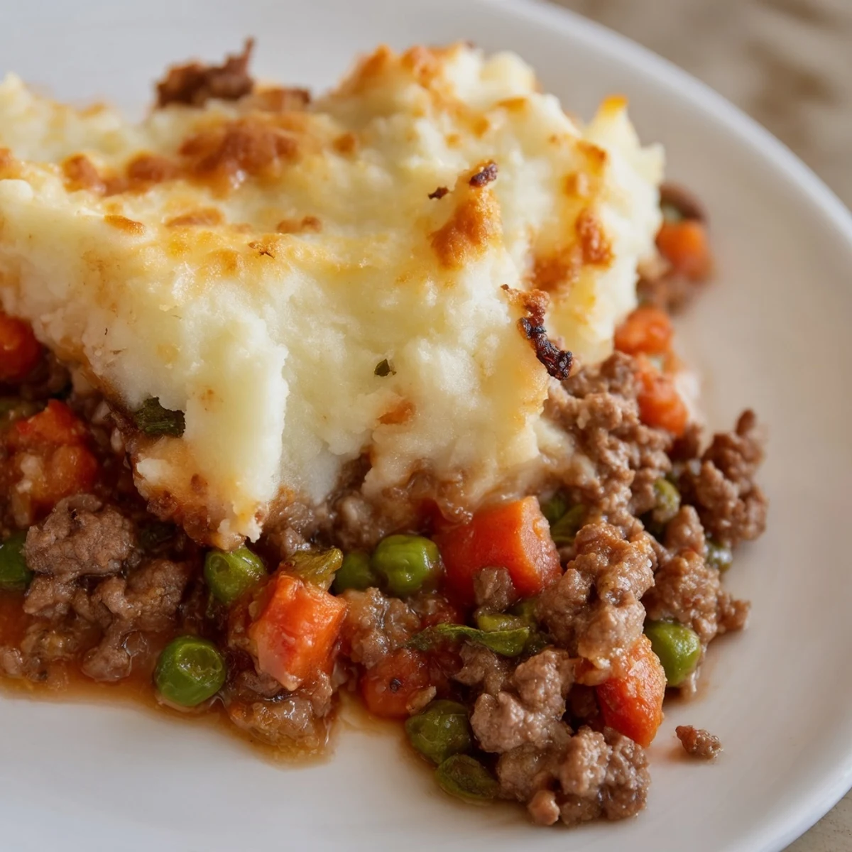 Golden-brown Beef Shepherds Pie with Cauliflower Mash emerging from the oven, crisp edges and creamy mash topping on a hearty, gluten-free main dish.