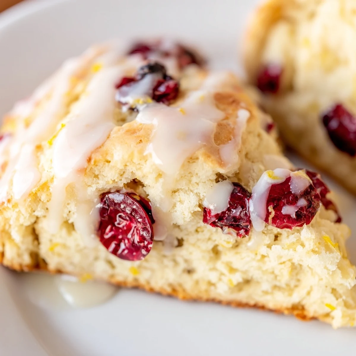 Freshly baked Cranberry Orange Scones with glaze, served warm on a white plate for breakfast.