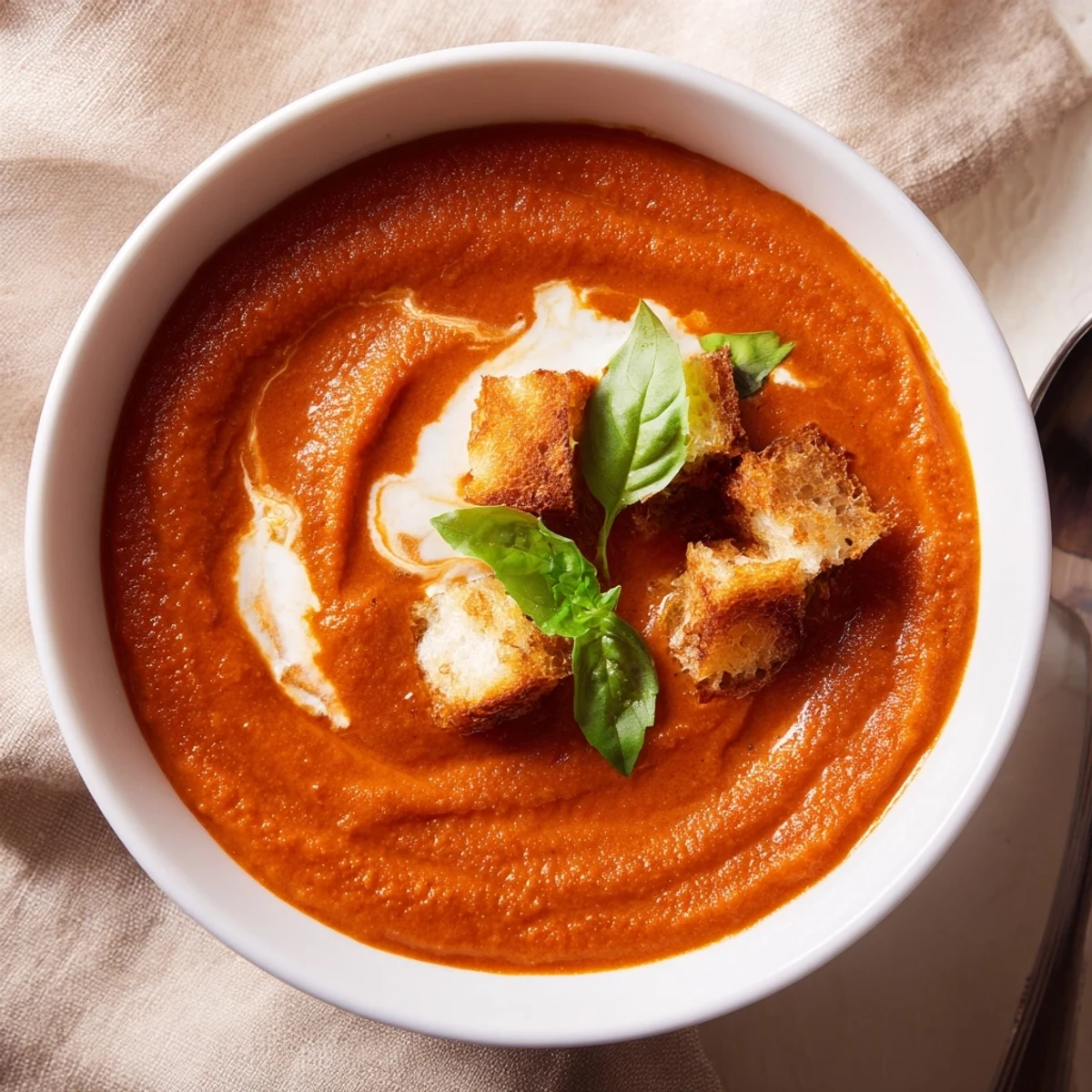 Steaming Creamy Tomato Basil Bisque with Croutons served in white ceramic bowls, garnished with basil and drizzled olive oil.