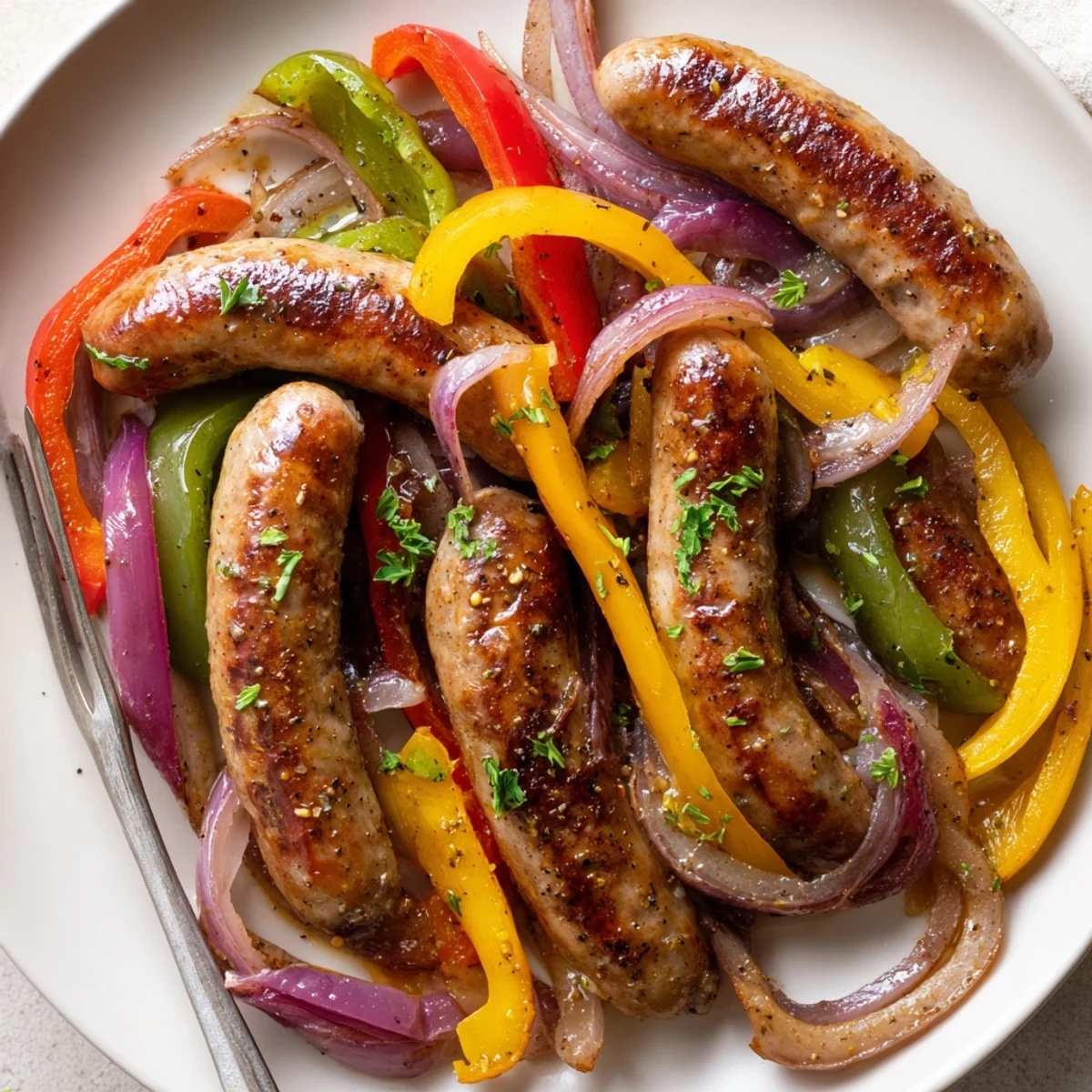 Röstaromen und bunte Paprikastreifen umhüllen die Würste, serviert auf dem Blech.