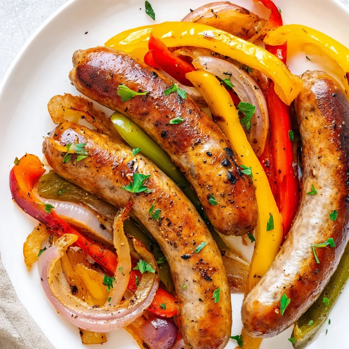 Scharfe Würste mit knusprigen Paprikastreifen und Zwiebeln, frisch aus dem Ofenangerichtet.