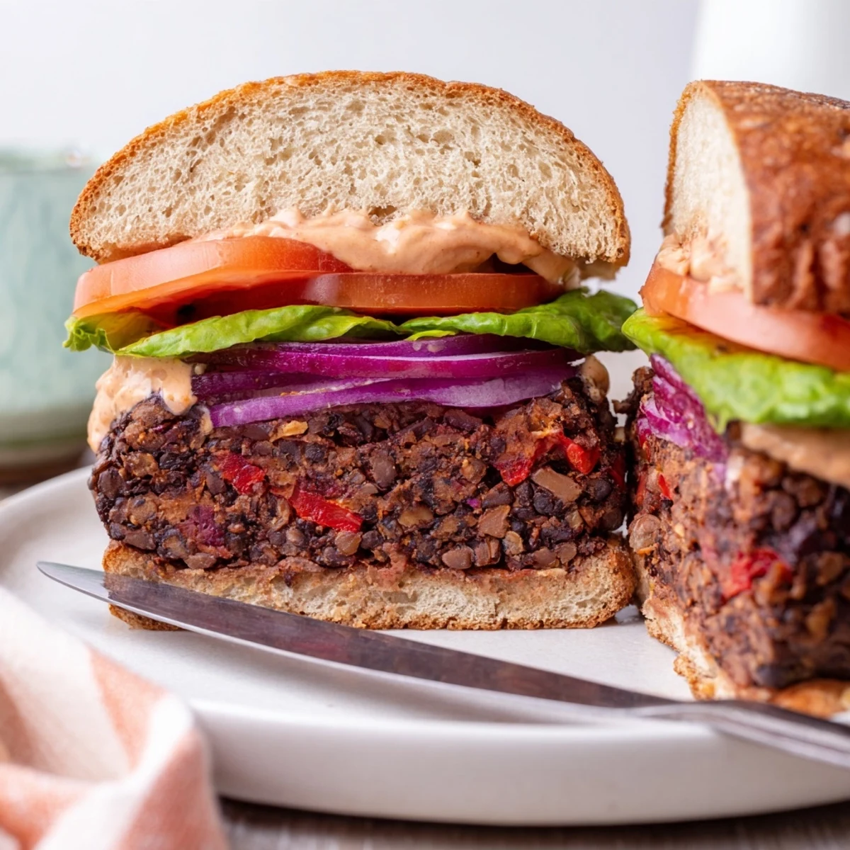 Frisch gebratene Vegan Black Bean Burger mit cremiger Chipotle Mayo auf einem angerichteten Teller.