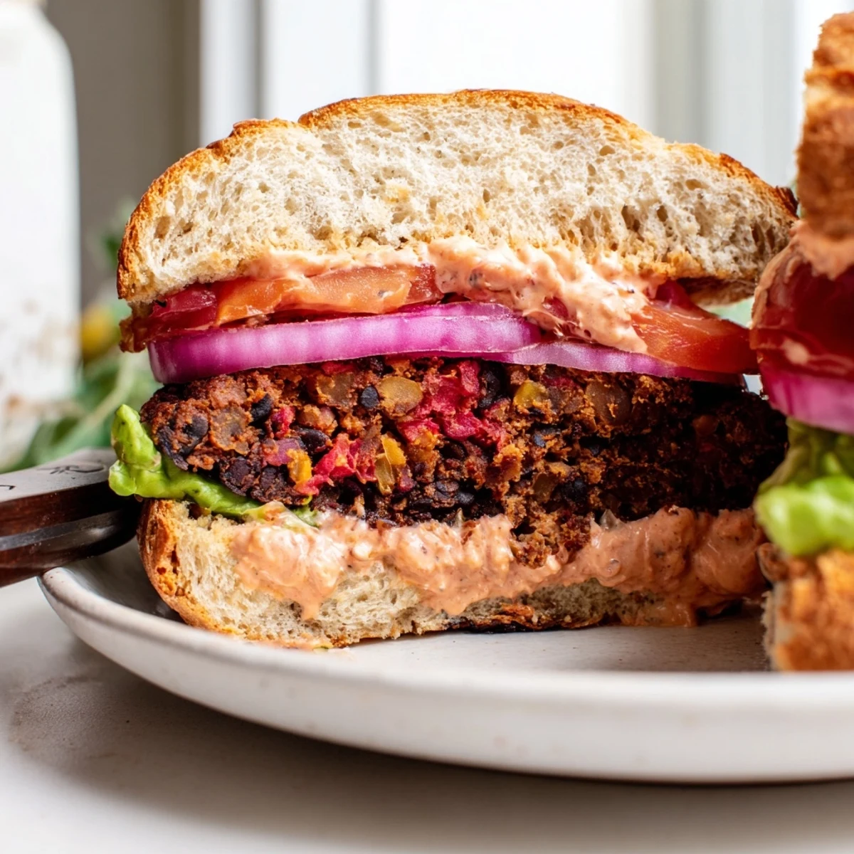 Mundwasserlockende Vegan Black Bean Burger mit smokiger Chipotle Mayo und saftigen Tomatenscheiben auf Holzuntergrund.