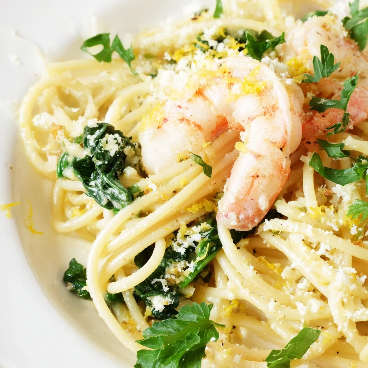 Lemon Garlic Shrimp Pasta with Spinach mit frisch gehackter Petersilie und Parmesan auf einem weißen Teller.