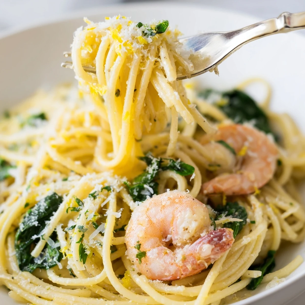 Saftige Shrimp in Knoblauch-Butter-Sauce mit Spinat auf Al-dente-Spaghetti; fertig in dreißig Minuten.