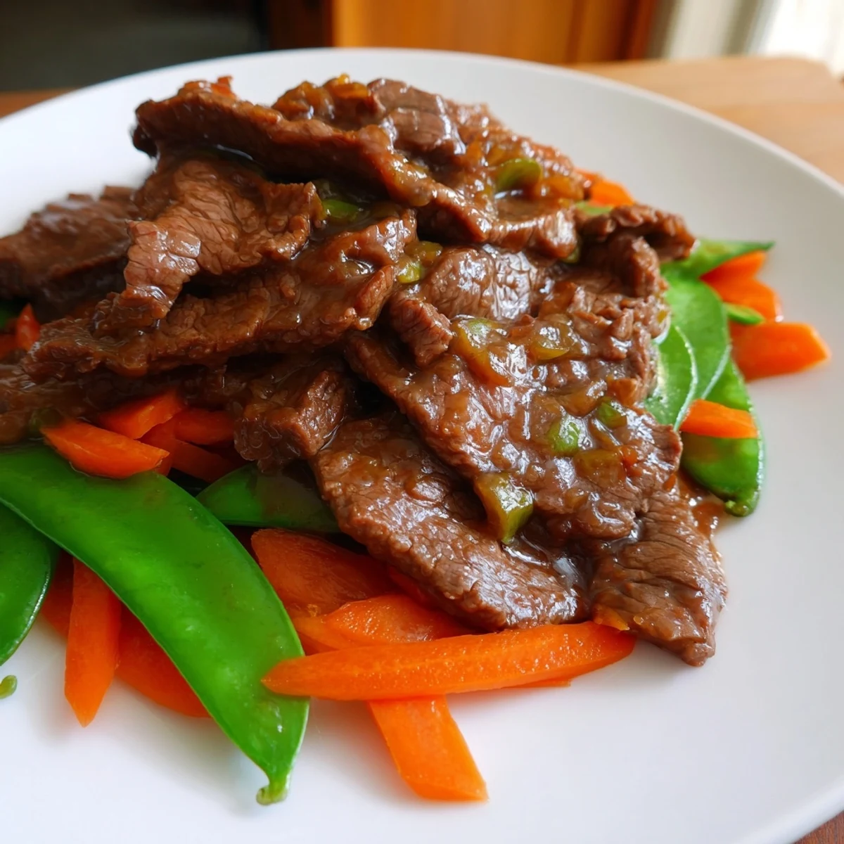 Rind mit Schneeschoten Karotten