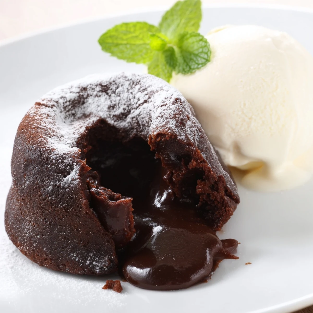Four Chocolate Lava Cakes with Vanilla Ice Cream cooling on a rustic wooden board next to fresh berries.