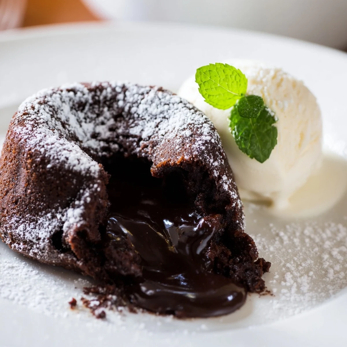 Warm Chocolate Lava Cakes with Vanilla Ice Cream topped with a dusting of powdered sugar on a white plate.