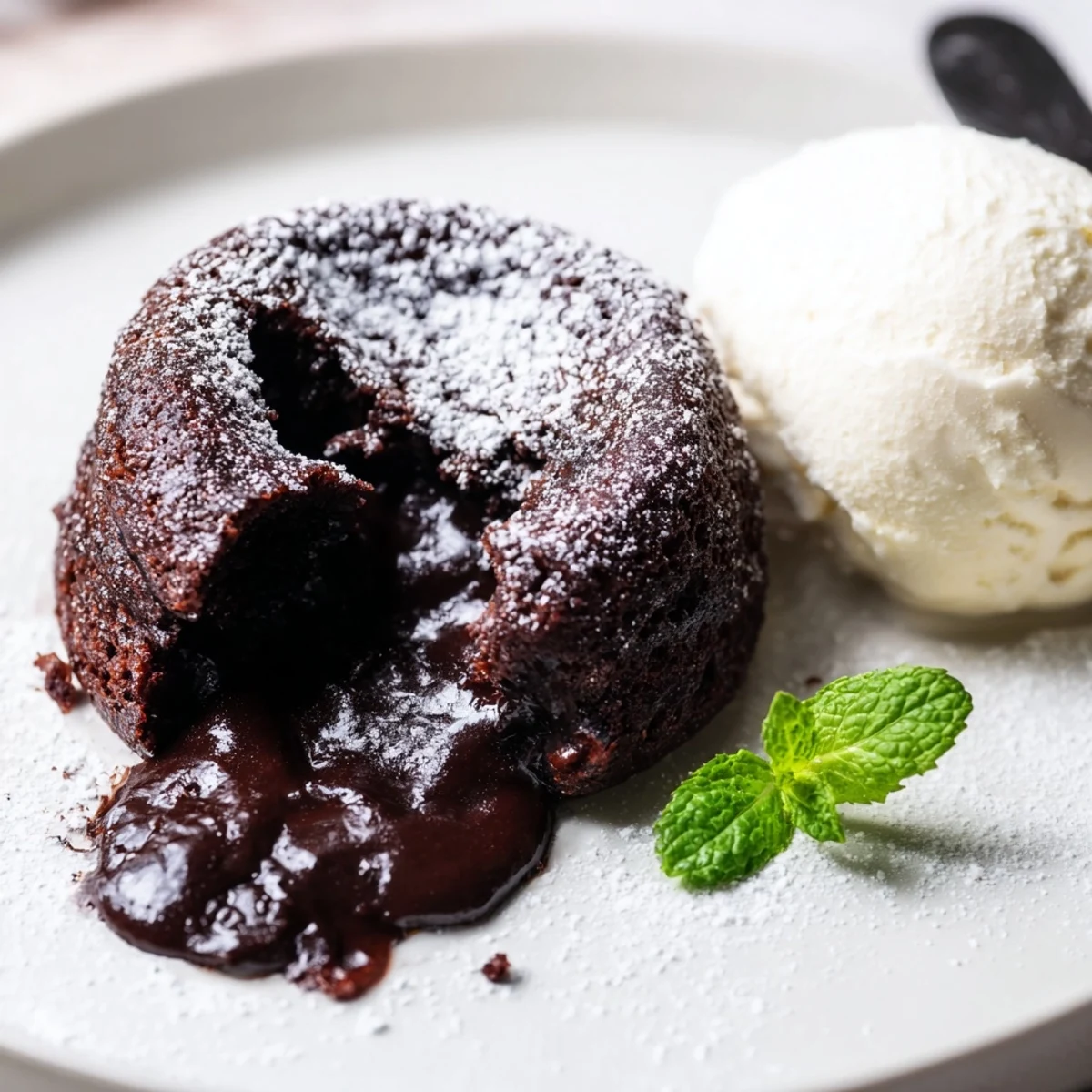 Decadent Chocolate Lava Cakes with Vanilla Ice Cream served warm with a molten center and mint garnish.