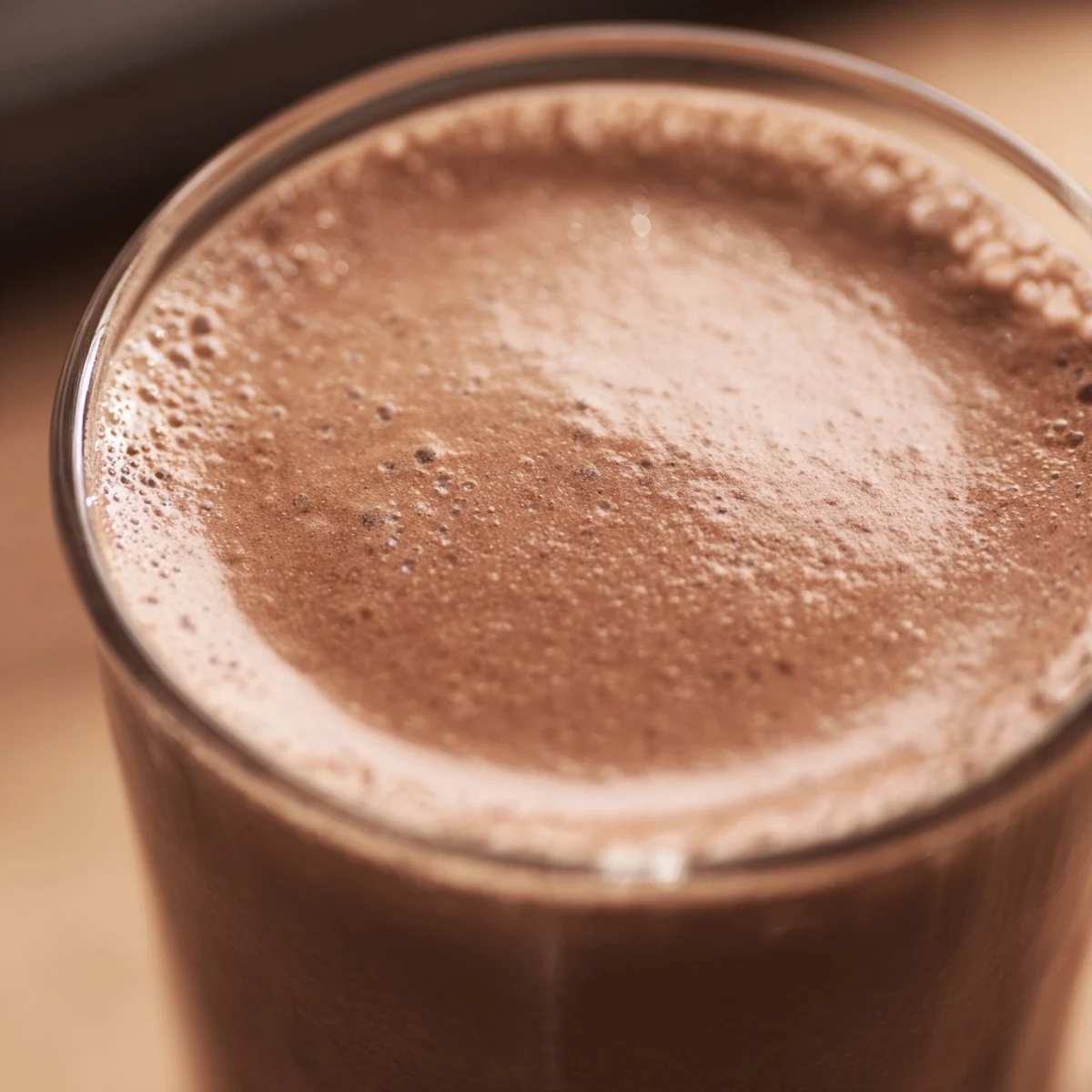 Wholesome chocolate milk with cocoa, garnished with whipped cream and chocolate shavings for indulgence.