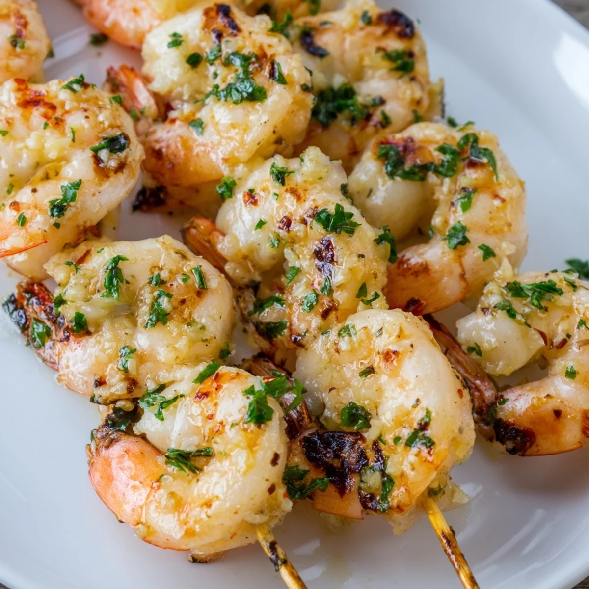 Auf hohen Tellern angerichtete Lemon Garlic Shrimp Skewers mit frischer Petersilie und Zitronenspalten.
