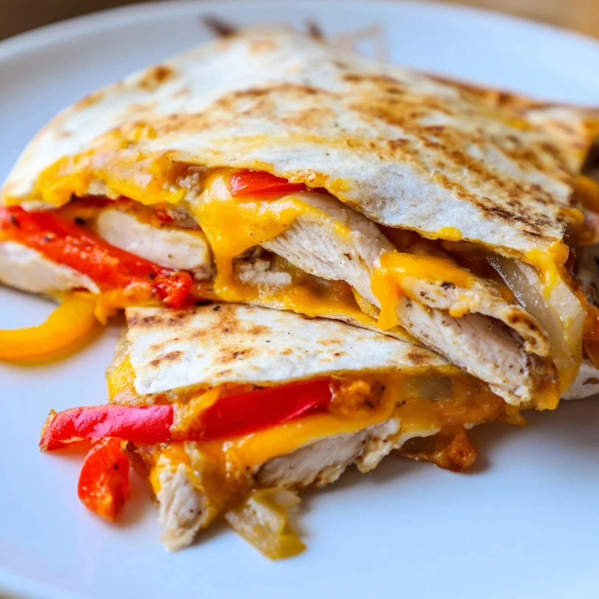Golden-brown Chicken Quesadillas with Peppers, Onions, and Cheese filled with melted cheddar and Monterey Jack.