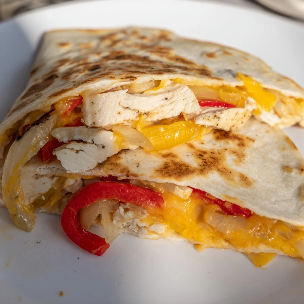 Sliced wedges of Chicken Quesadillas with Peppers, Onions, and Cheese served with salsa and sour cream.