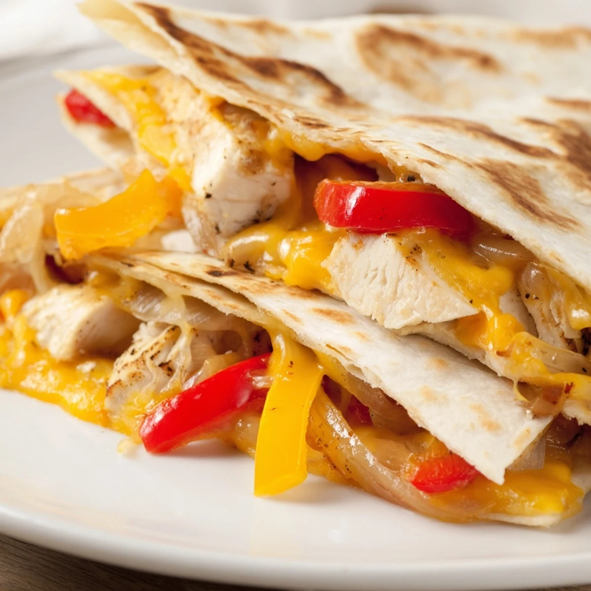 Freshly cooked Chicken Quesadillas with Peppers, Onions, and Cheese featuring sautéed peppers and onions on a platter.
