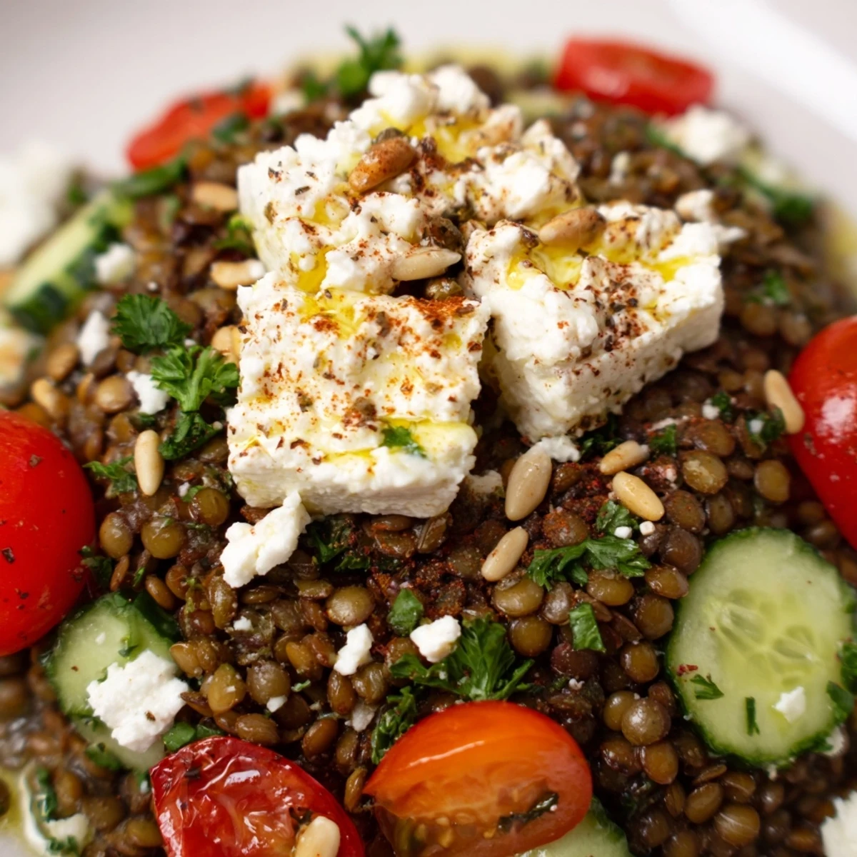 Ein großer Schüssel voller mediterraner Linsensalat mit Feta, Kirschtomaten und Gurken auf einem Holztisch.