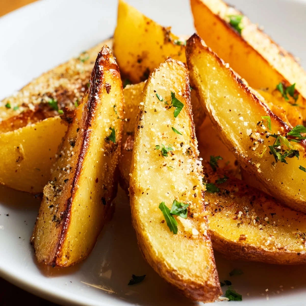 Goldene Crispy Oven Baked Potato Wedges with Herbs frisch aus dem Ofen mit Petersilie bestreut.