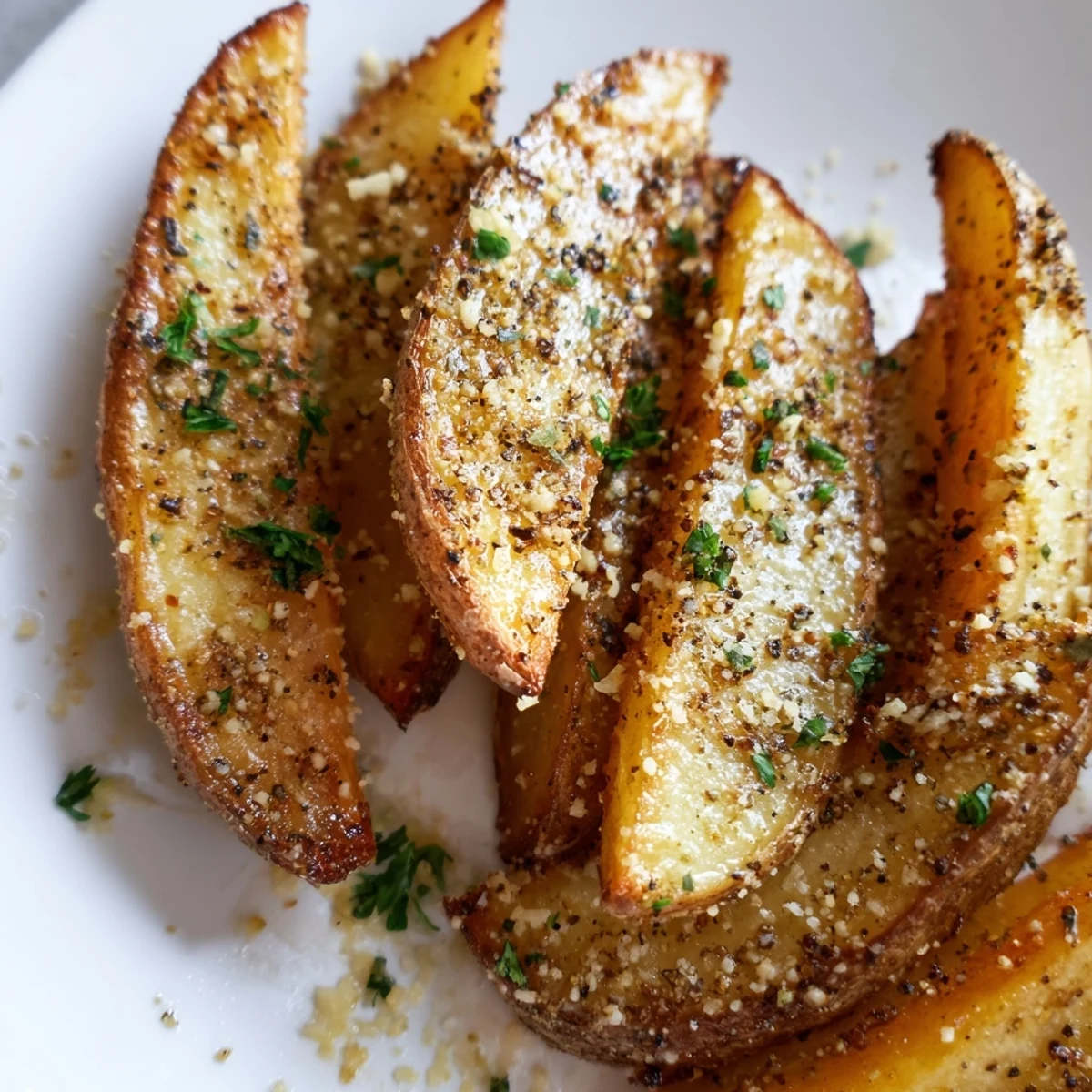 Knusprige Crispy Oven Baked Potato Wedges with Herbs mit Dip auf einem rustikalen Teller.
