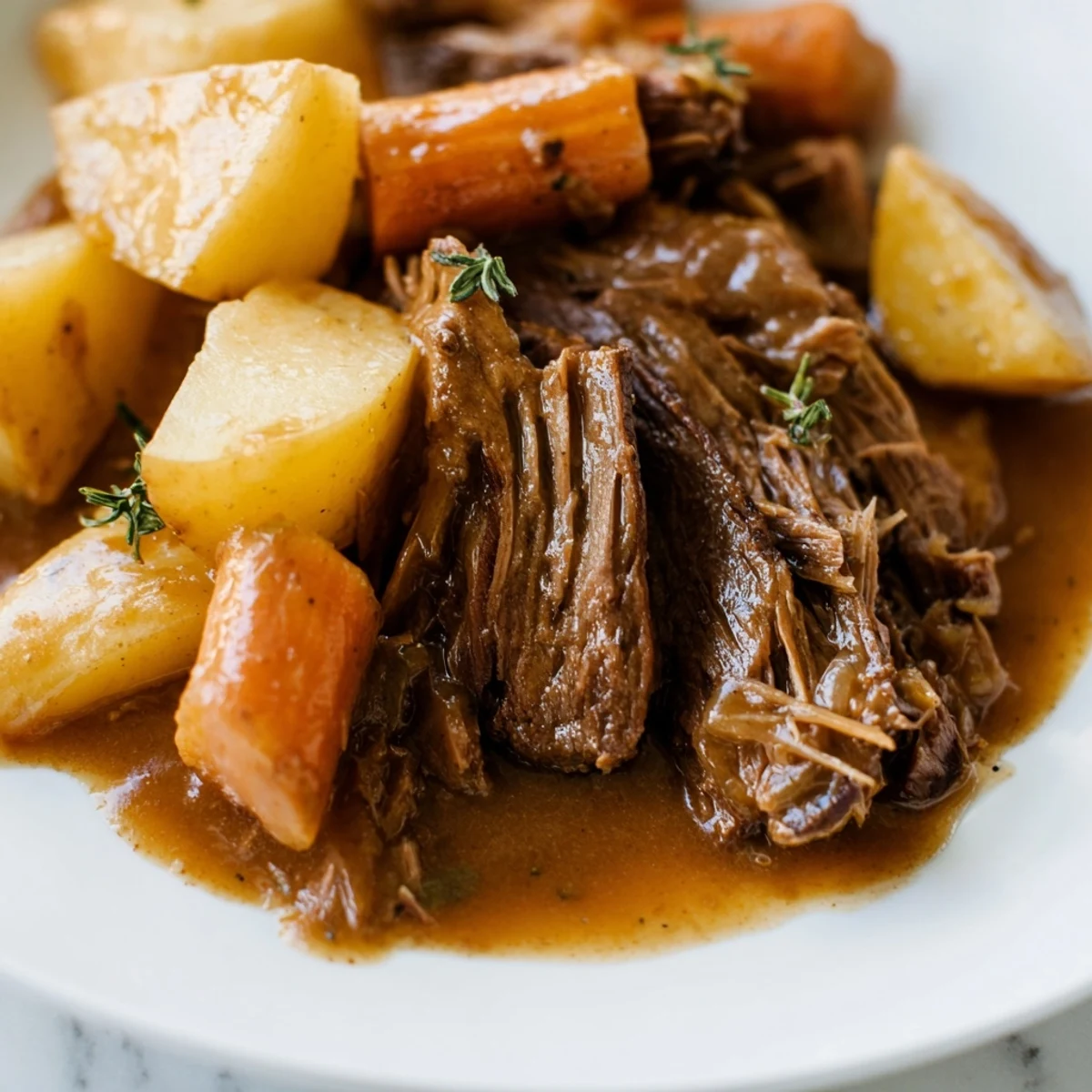 Tender Slow Cooker Pot Roast with Carrots and Potatoes, covered in rich brown gravy on a rustic platter.