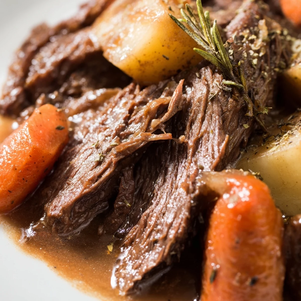 Sliced Slow Cooker Pot Roast with Carrots and Potatoes beside fluffy potatoes and glazed carrots on white plates.