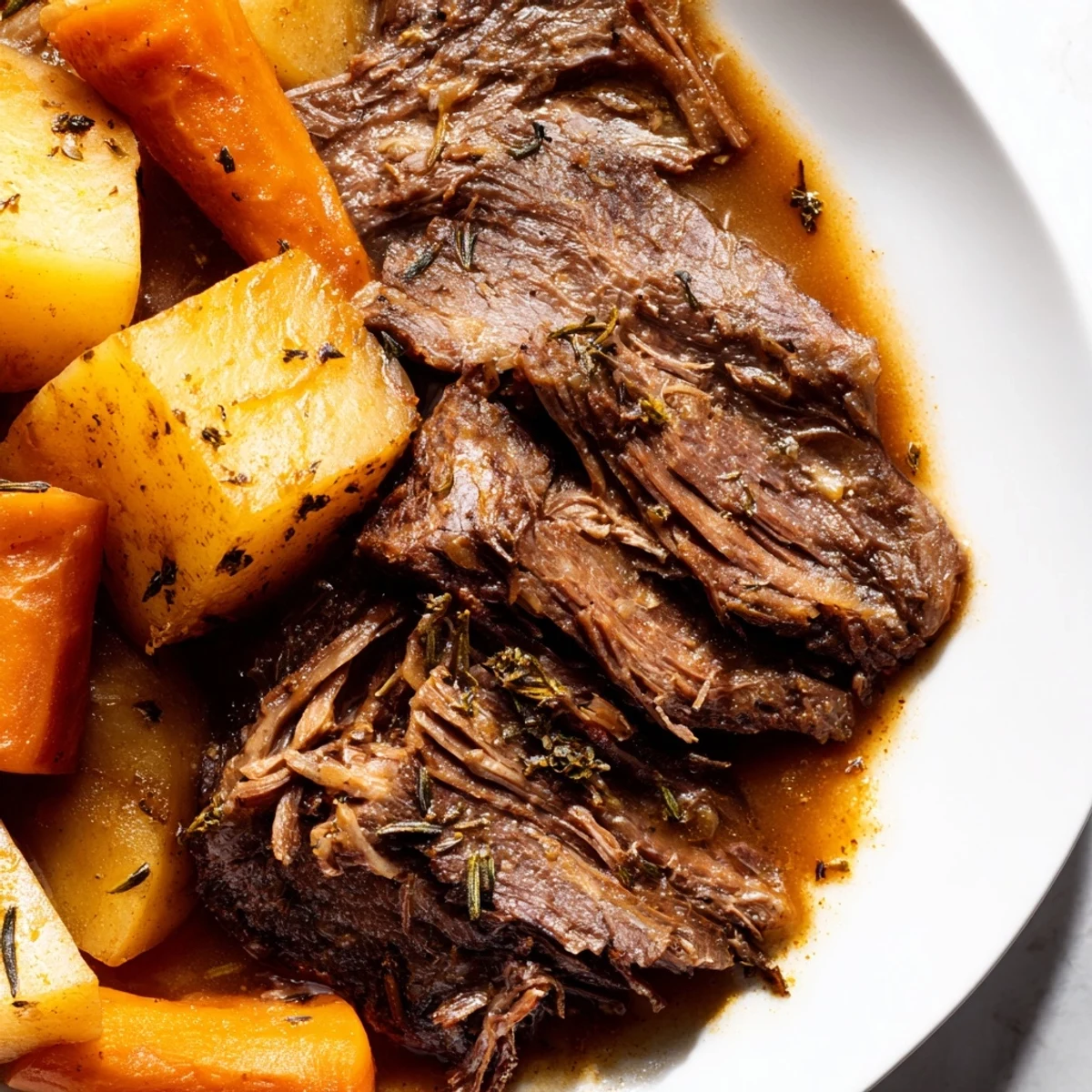 Slow Cooker Pot Roast with Carrots and Potatoes steaming in gravy, ready to serve for Sunday family dinner.