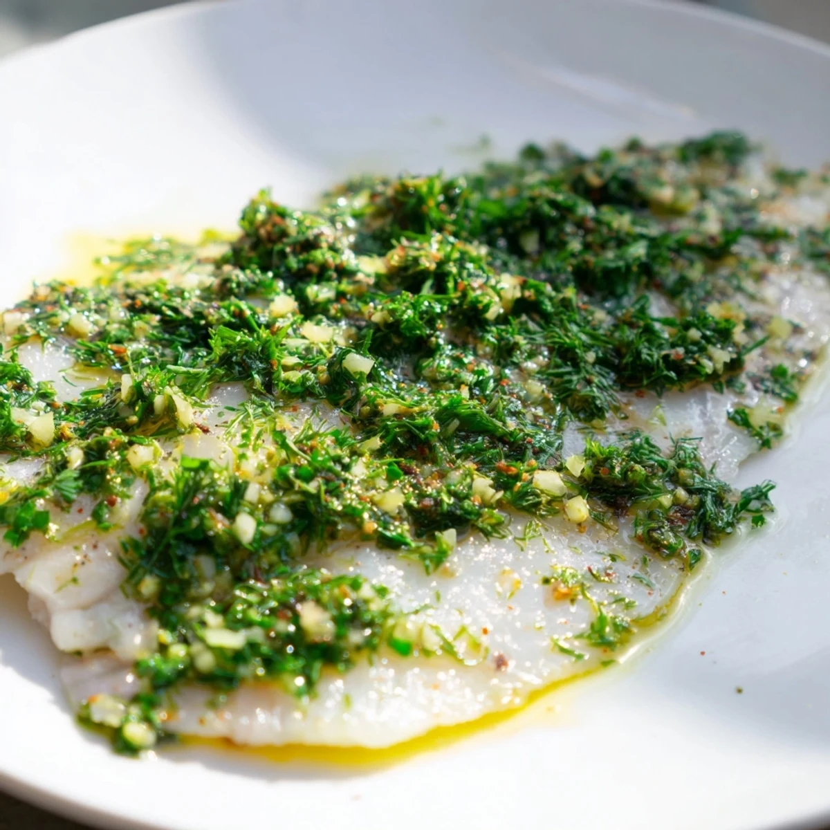 Tendre Baked Tilapia mit Kräutern aus dem Ofen, garniert mit Zitronenscheiben und Petersilie.