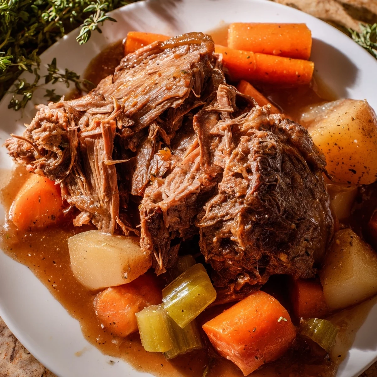Ein gebratenes Stück Rinderbraten aus dem Slow Cooker mit weichen Möhren und Kartoffeln, übergossen mit einer kräftigen Bratensoße.