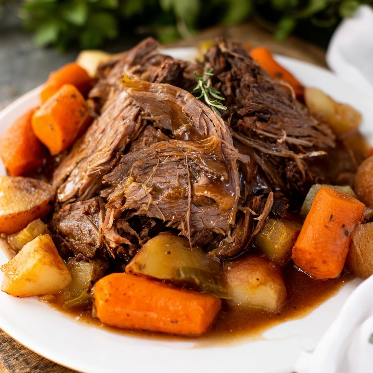 Herzhafte Slow Cooker Pot Roast, serviert mit saftigem Fleisch, weichen Karotten und einem würzigen, aromatischen Bratensaft.
