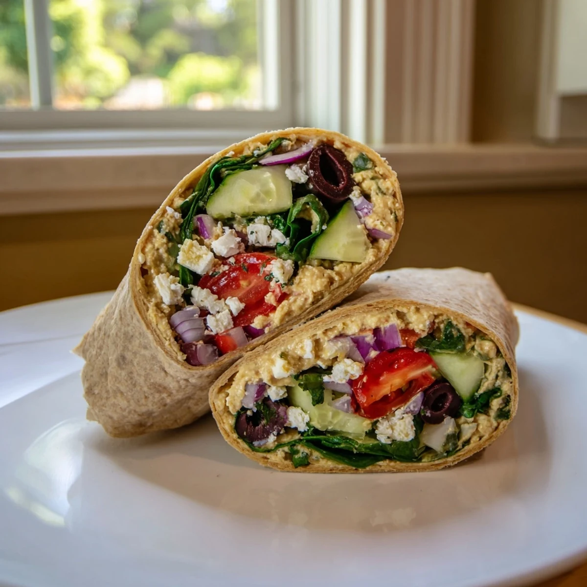 Ein Mediterranean Wrap mit Hummus, Feta, Kirschtomaten und Gurken auf einem Holzbrett, perfekt für ein leichtes Mittagessen.