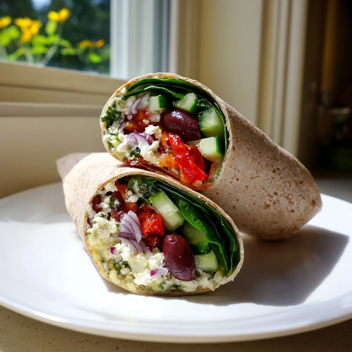 Der Mediterranean Wrap liegt auf einer schlichten Tischdecke, gefüllt mit buntem Gemüse und cremigem Hummus für den gesunden Snack.