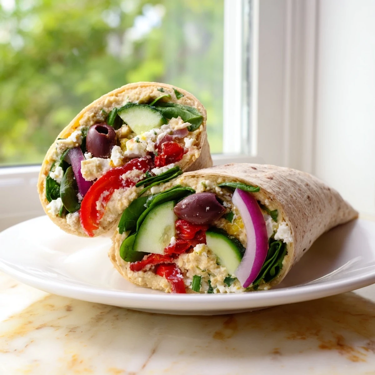 Frisch zubereiteter Mediterranean Wrap mit spinatgrünen Blättern, geraspeltem Feta und einem Spritzer Zitronendressing zum Auspacken.
