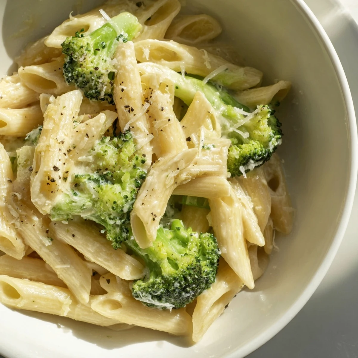 Creamy Broccoli Pasta served in a white bowl with golden parmesan and fresh parsley garnish  