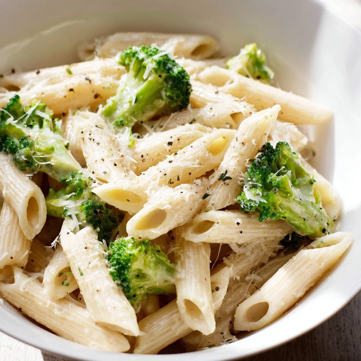 Tossed Creamy Broccoli Pasta with penne, broccoli, and cracked black pepper on a rustic wooden table