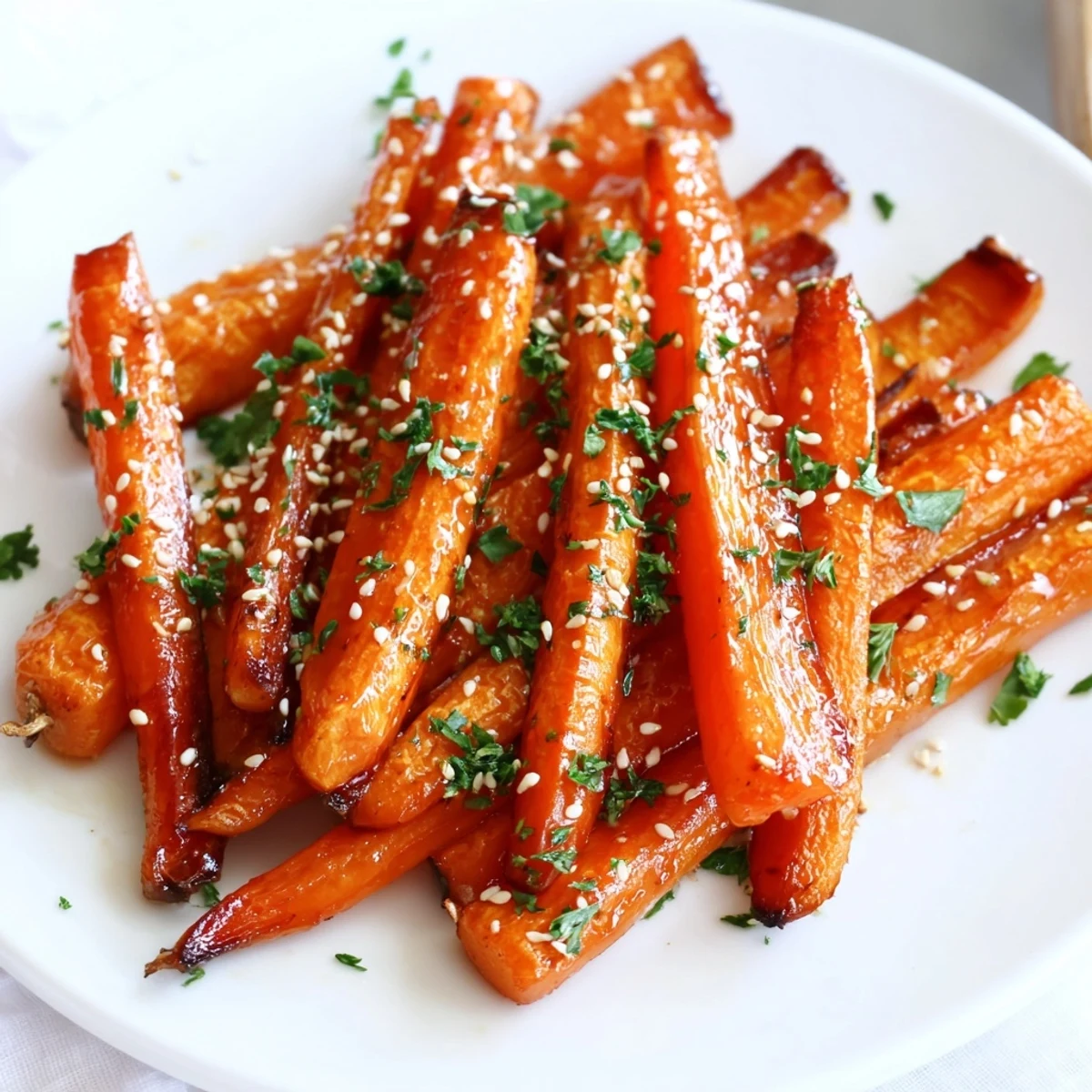 Golden-roasted carrots with maple glaze glistening on a rustic platter, garnished with fresh parsley and sesame seeds.