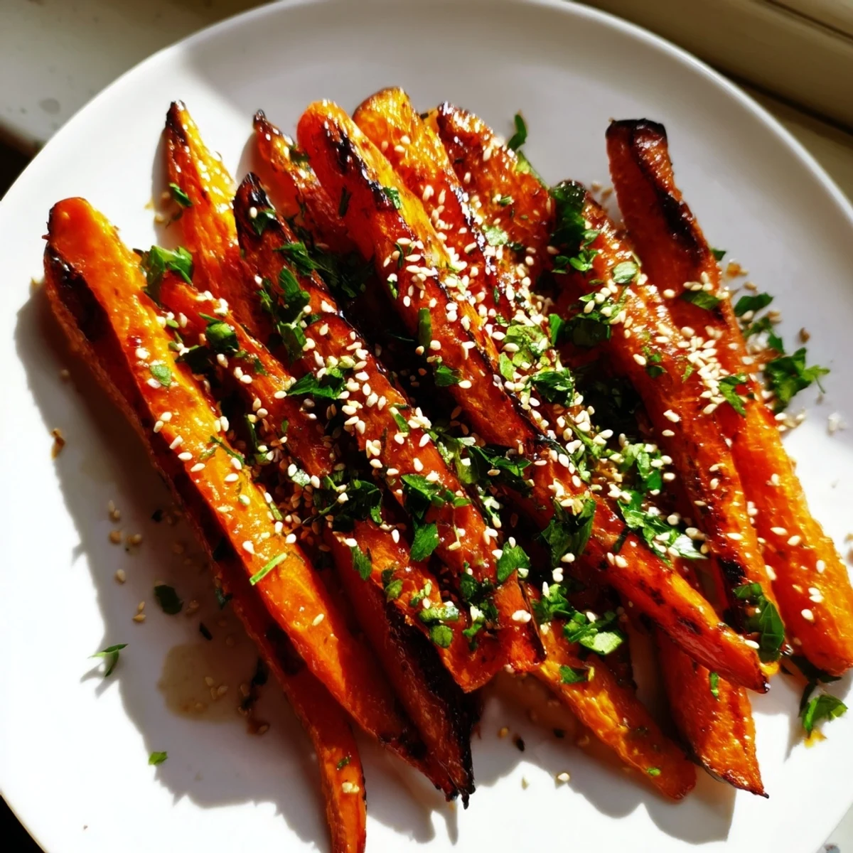 Caramelized Roasted Carrots with Maple shine beside roasted chicken on a white plate, a simple, elegant side dish for dinner.