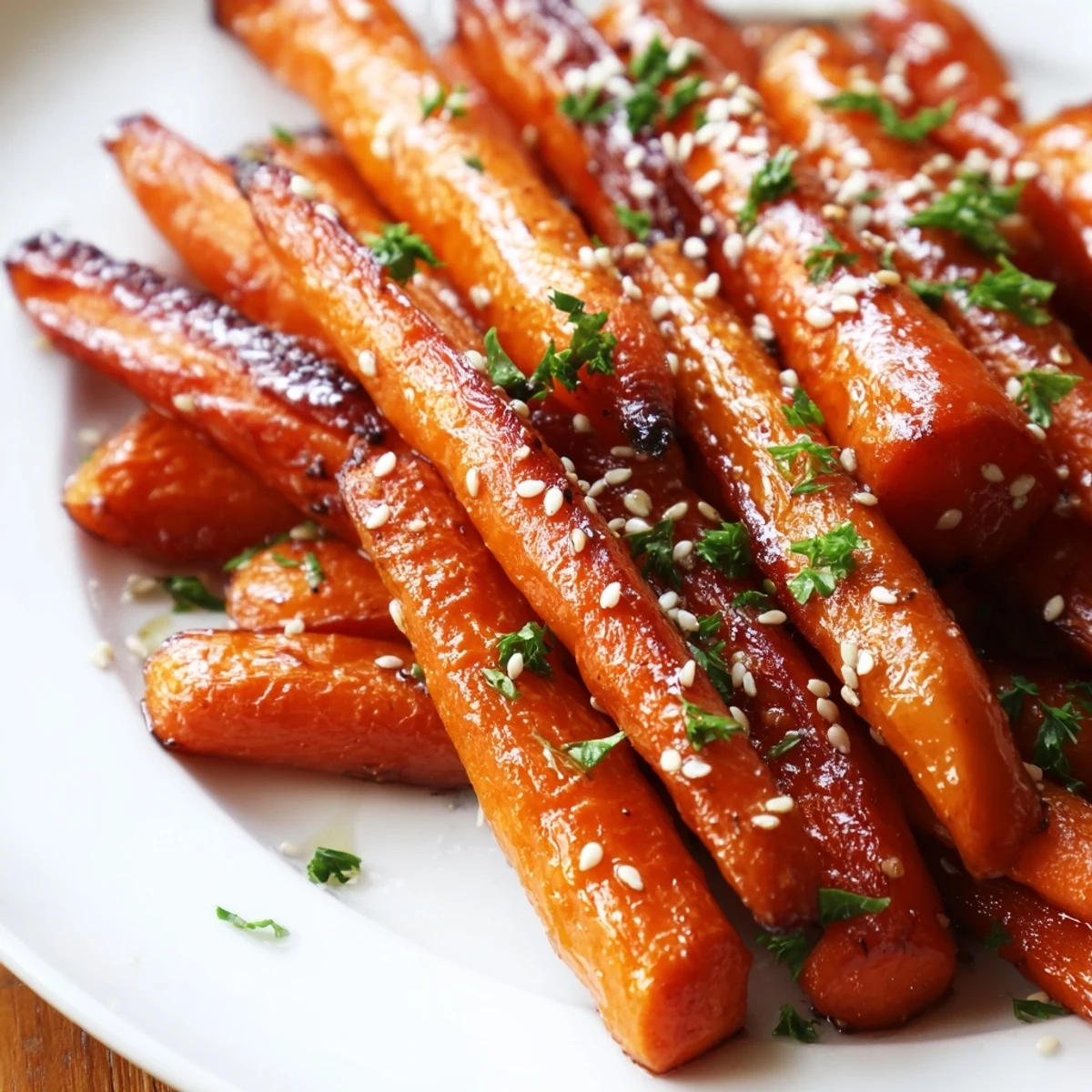 Tender, golden-brown Roasted Carrots with Maple piled high on a serving platter, garnished with fresh parsley and sesame seeds.