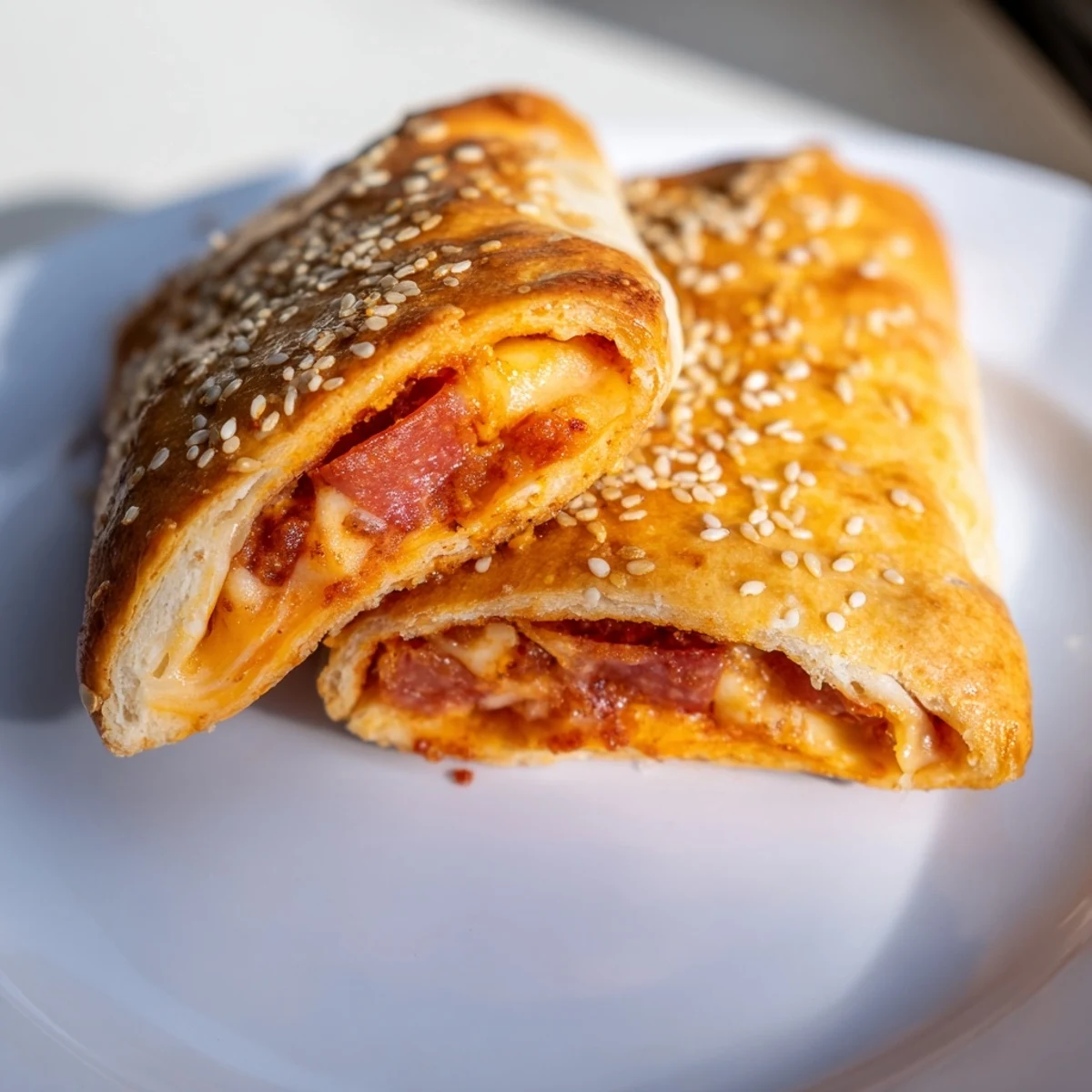 Super Bowl Pizza Rolls mit knusprigem Teig und geschmolzener Mozzarella-Cheddar-Füllung auf dem Backblech.