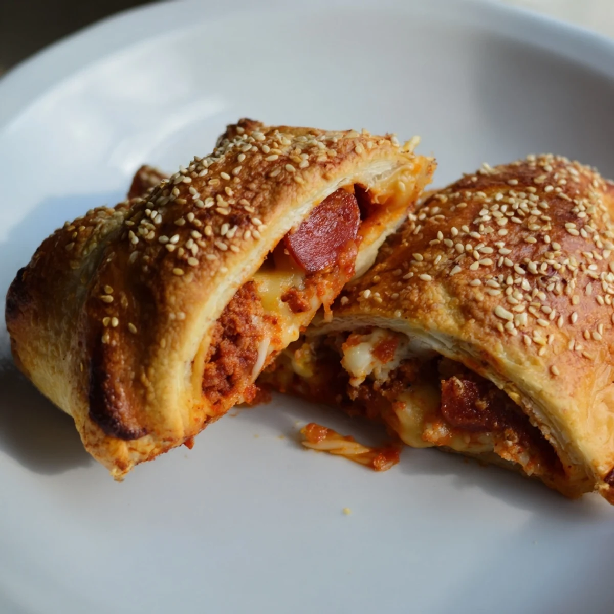 Duftende Super Bowl Pizza Rolls aus dem Ofen, warme Füllung aus Käse und Tomatensauce zum Dippen.