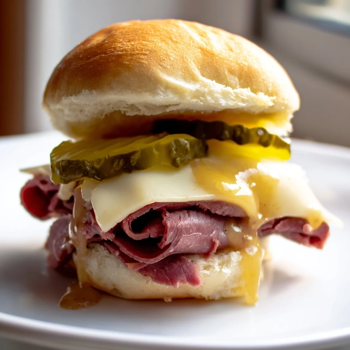 Corned Beef Sliders with Mustard are baked golden brown and topped with crisp dill pickles.