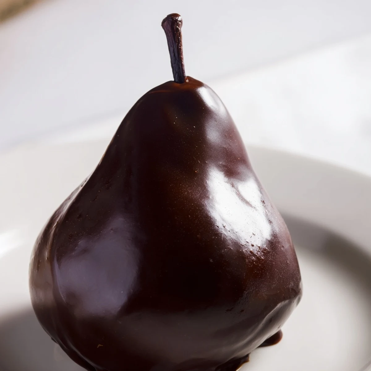 Elegante Romantische Chocolate Covered Pears mit gehackten Pistazien und rosafarbenen Himbeeren auf einem Teller.