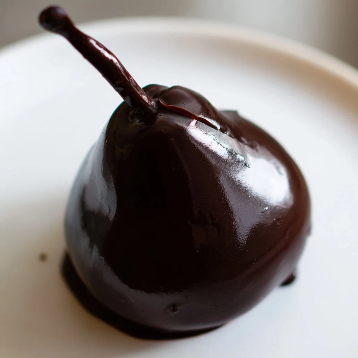 Glossy Romantische Chocolate Covered Pears, aromatisiert mit Vanille und Zimt, auf hell blauem Tisch.