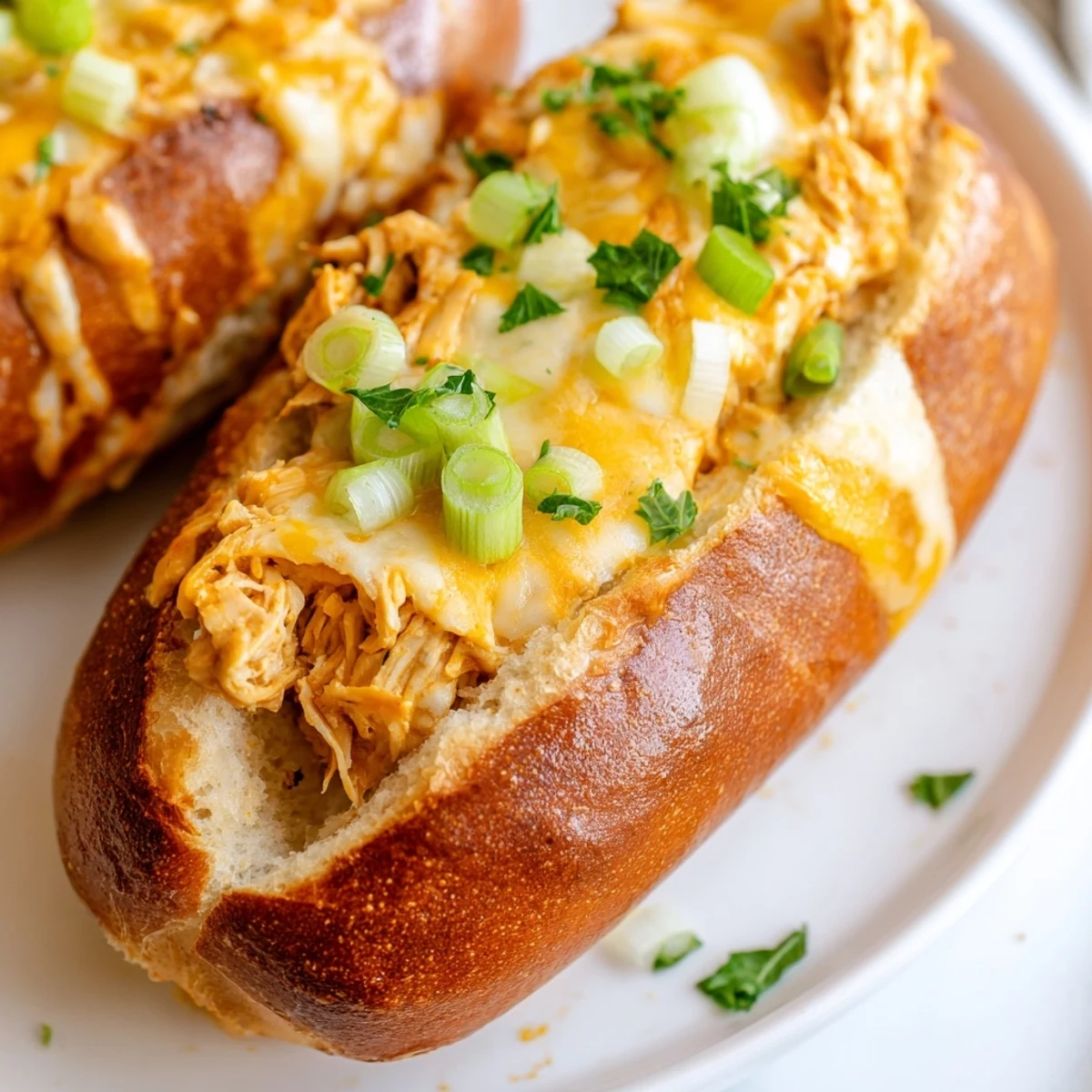 Gekrößte Tailgate Buffalo Chicken Dip Stuffed Bread aus dem Ofen, goldbraun und auf dem Backblech mit Blätterteigkruste und frischen Kräutern.  