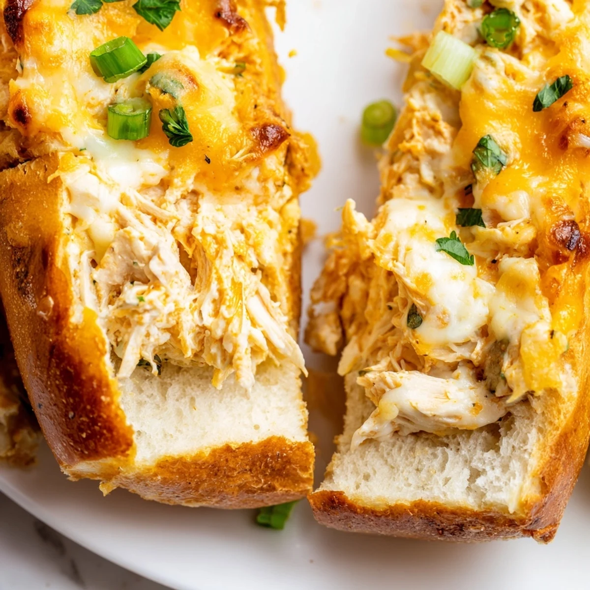 Ein köstlicher Bissen Tailgate Buffalo Chicken Dip Stuffed Bread, cremig und würzig, in einer hohlen Brotschale aufgesetzt.  